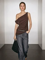 Linen blend top with asymmetric neckline