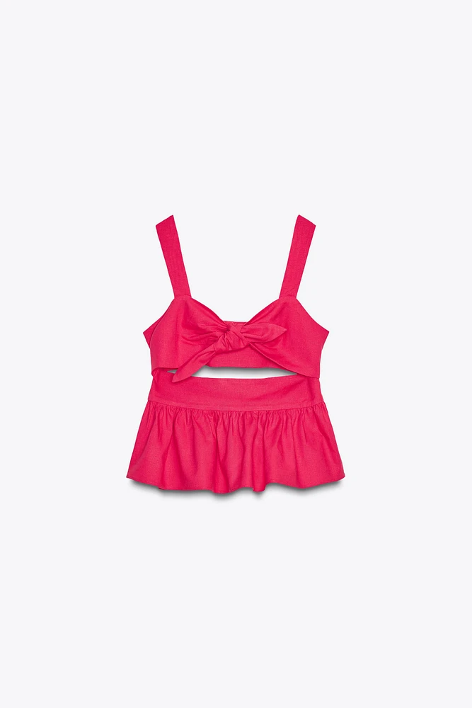 KNOTTED LINEN PEPLUM TOP