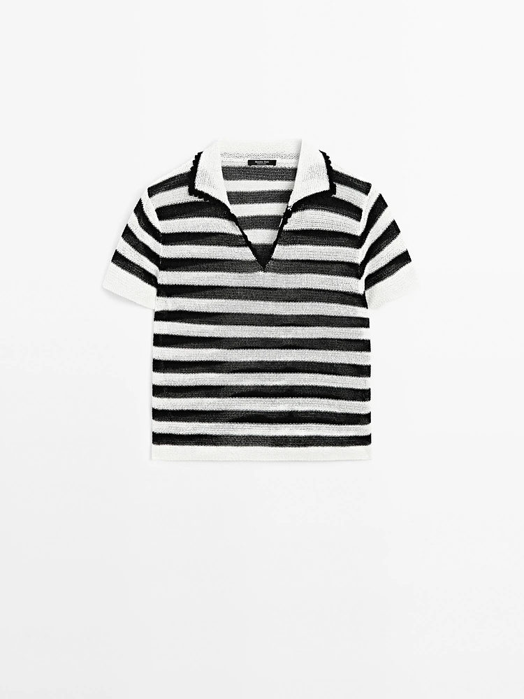 Striped cotton blend polo sweater