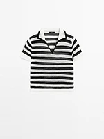 Striped cotton blend polo sweater