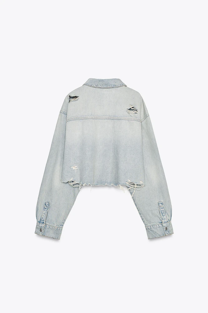 RIPPED TRF CROP DENIM JACKET