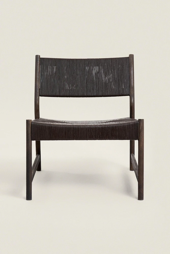 WOOD AND WOVEN LEATHER ARMCHAIR