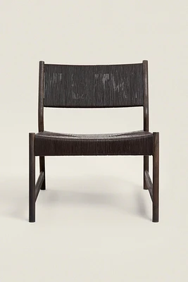 WOOD AND WOVEN LEATHER ARMCHAIR