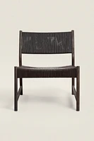 WOOD AND WOVEN LEATHER ARMCHAIR