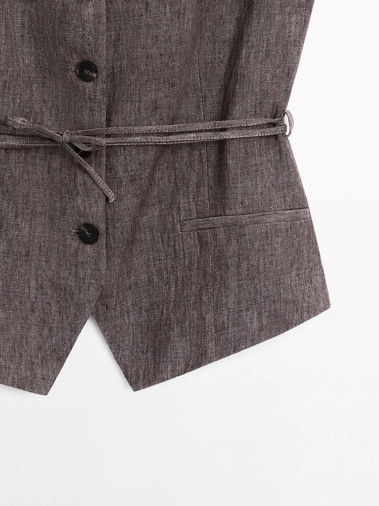 Veste sans manches chinée avec nœud en lin