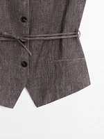 Veste sans manches chinée avec nœud en lin