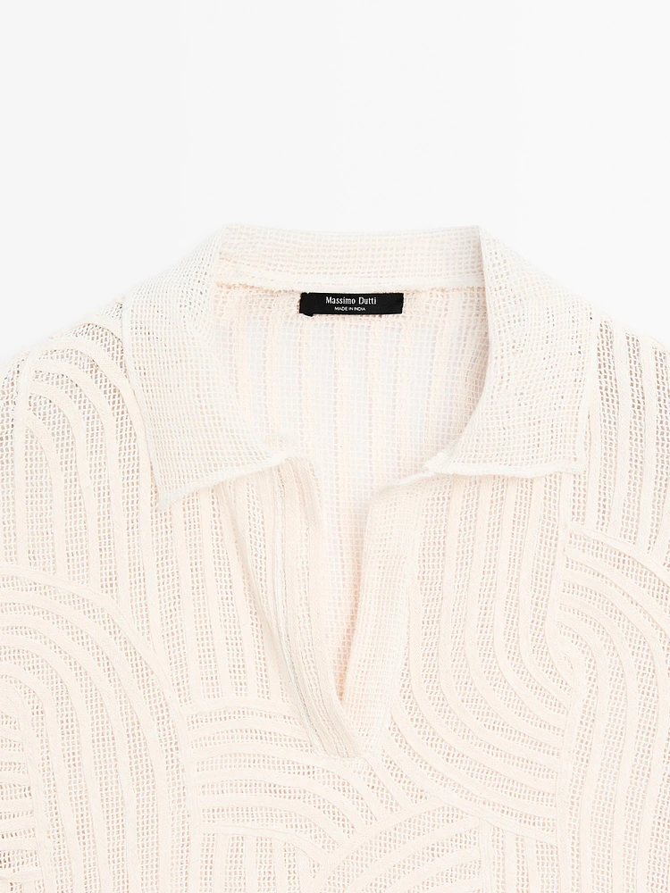 Polo en maille ajourée avec broderie