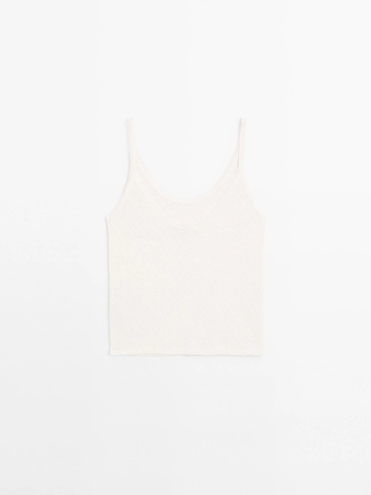 Openwork strappy linen blend top