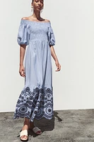 STRIPED EMBROIDERED MIDI DRESS