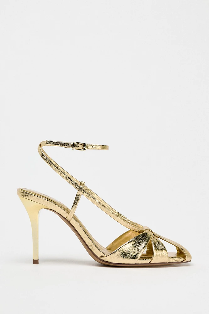 METALLIC EFFECT STRAPPY HEELED SANDALS