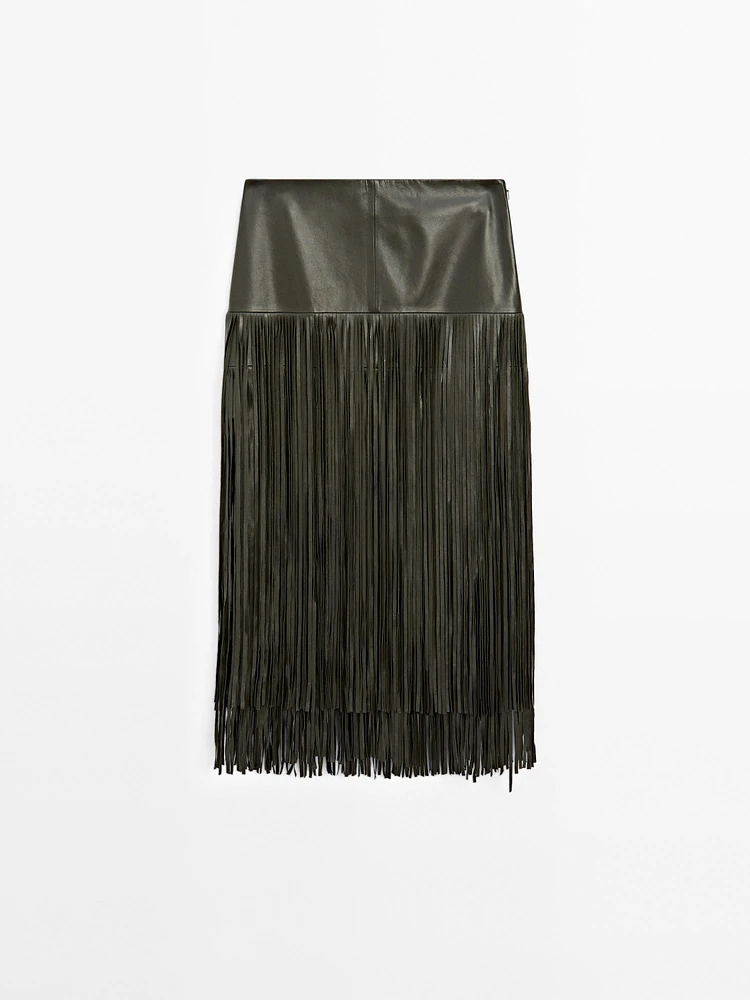 Jupe midi à franges en cuir nappa - Studio