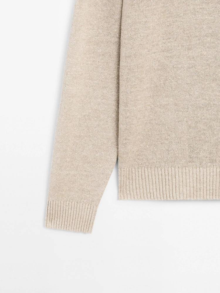 Linen blend melange knit polo sweater