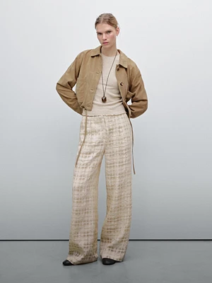 Flowing linen blend check trousers