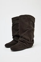 SPLIT LEATHER EMBROIDERED FLAT ANKLE BOOTS