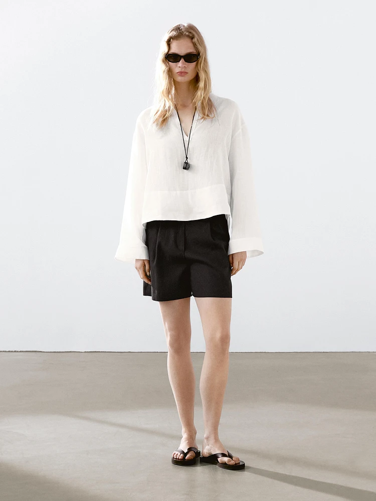 Linen blend darted waist Bermuda shorts