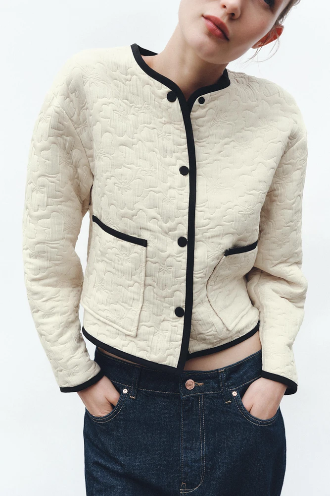 CONTRASTING TRIM FLORAL STITCH JACKET