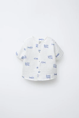 EMBROIDERED FISH TEXTURED WEAVE SHIRT