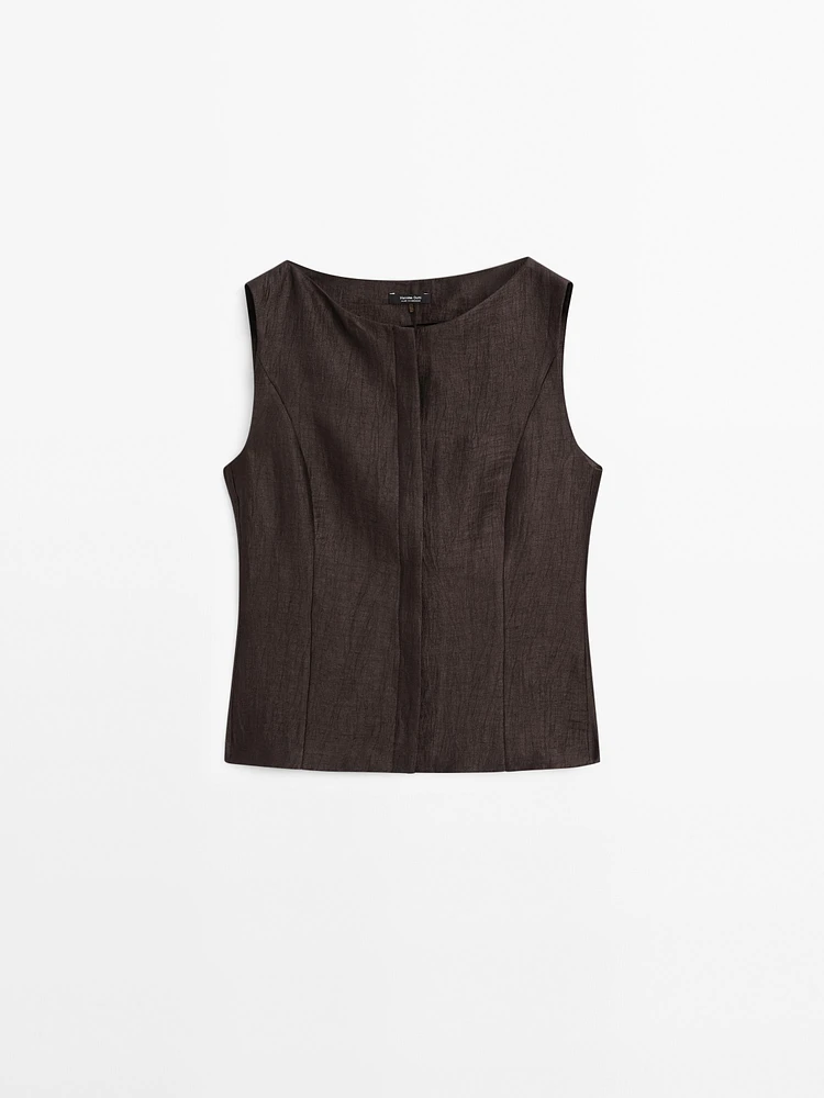 Veste sans manches col rond en lin mélangé