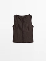 Veste sans manches col rond en lin mélangé