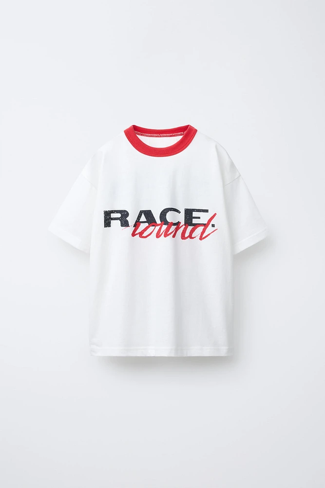 TEXT PRINT T-SHIRT WITH TRIM DETAIL