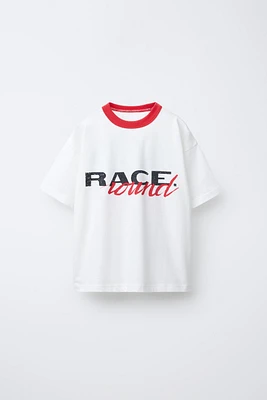 TEXT PRINT T-SHIRT WITH TRIM DETAIL