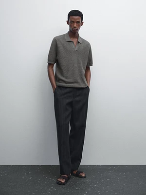 Linen blend textured knit polo shirt