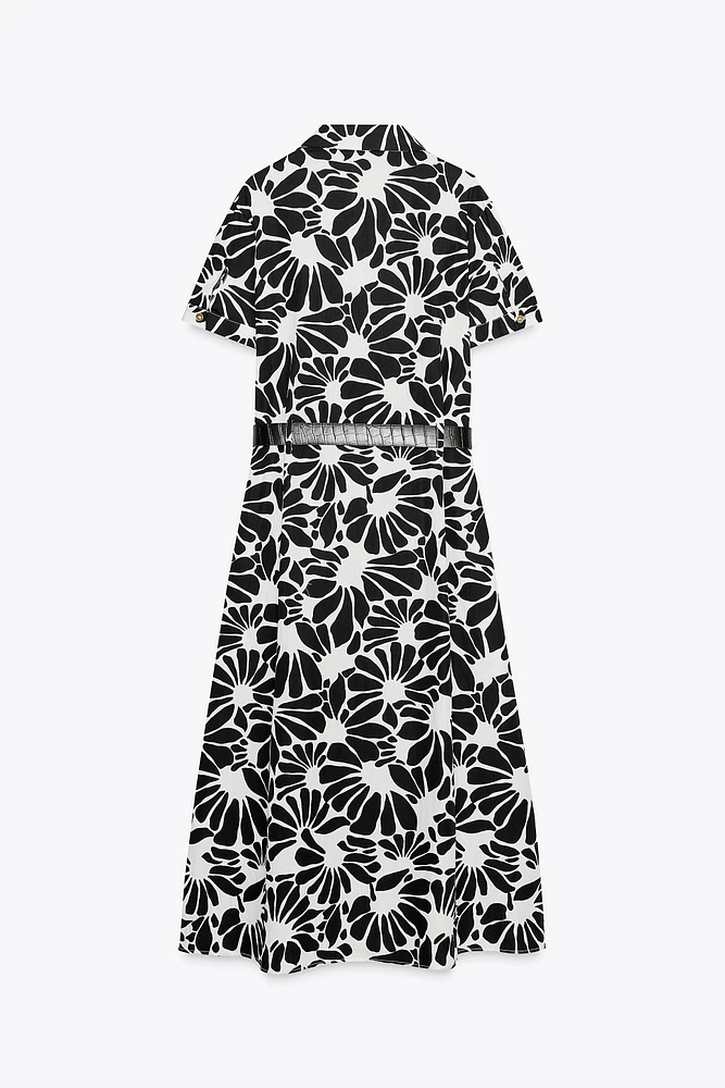 ROBE MIDI EN POPELINE IMPRIMÉE CEINTURE