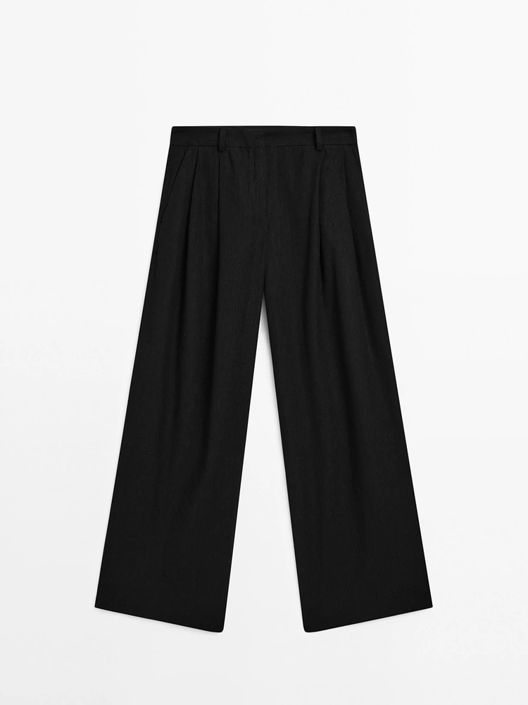 Linen blend darted straight-leg trousers