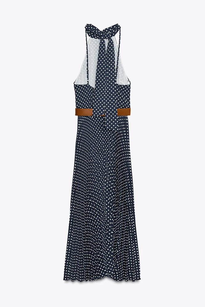 POLKA DOT MIDI HALTER DRESS WITH BELT