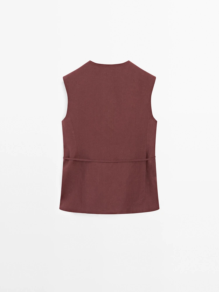 Veste longue sans manches rubans 100 % lin