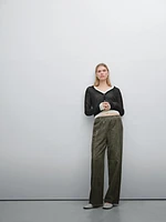 Suede leather trousers with linen detail