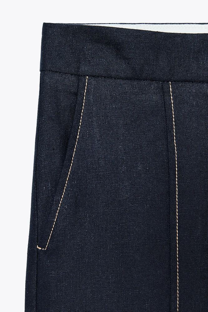 STRAIGHT FIT LINEN PANTS WITH TOPSTITCHING