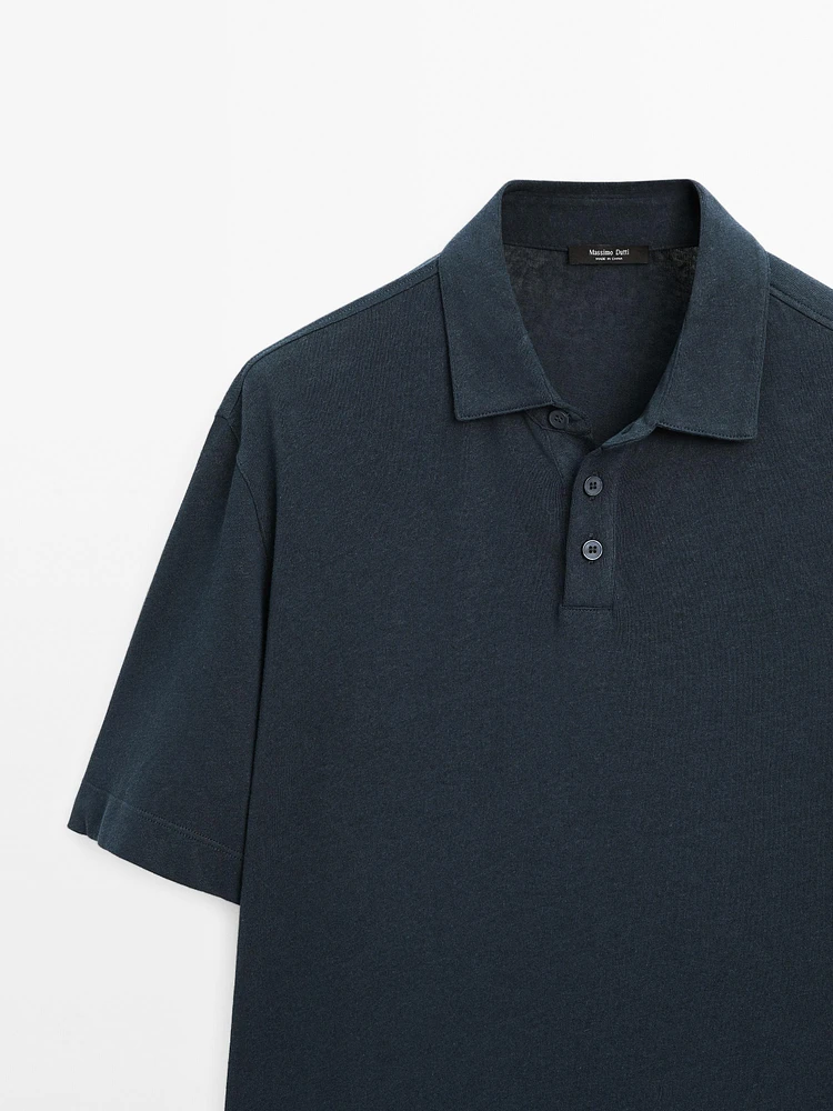 Short sleeve linen blend polo shirt