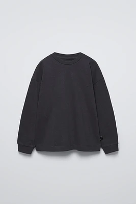 Round neck shirt with long sleeves. Embroidery detail at chest and label appliqué side.