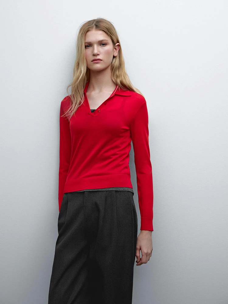 100% wool polo collar sweater with buttons