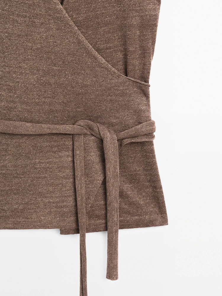 Linen blend knit crossover top