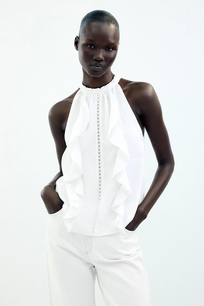TOP HALTER VOLANTS AVEC RAMIE