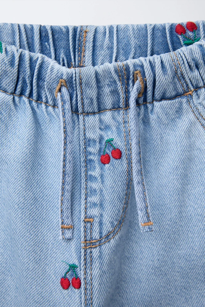 CHERRY EMBROIDERED WIDE LEG JEANS