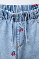 CHERRY EMBROIDERED WIDE LEG JEANS