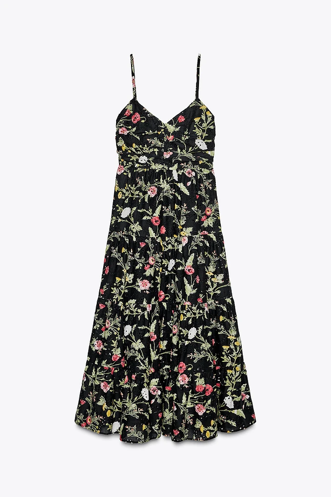 PRINTED MIDI DRESS WITH OPENWORK EMBROIDERY