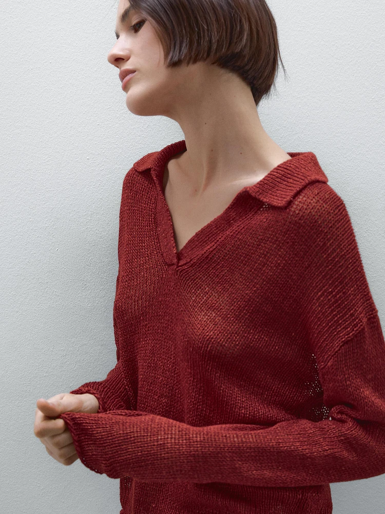 Pull en maille 100 % lin à col polo