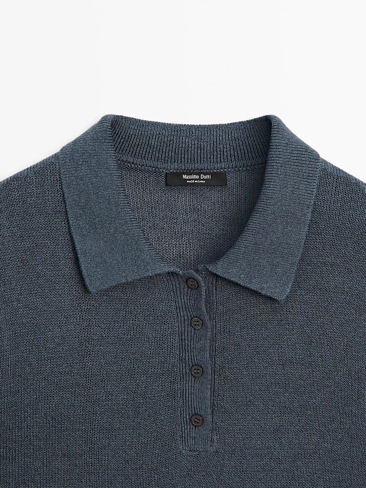 Linen blend cutwork polo sweater