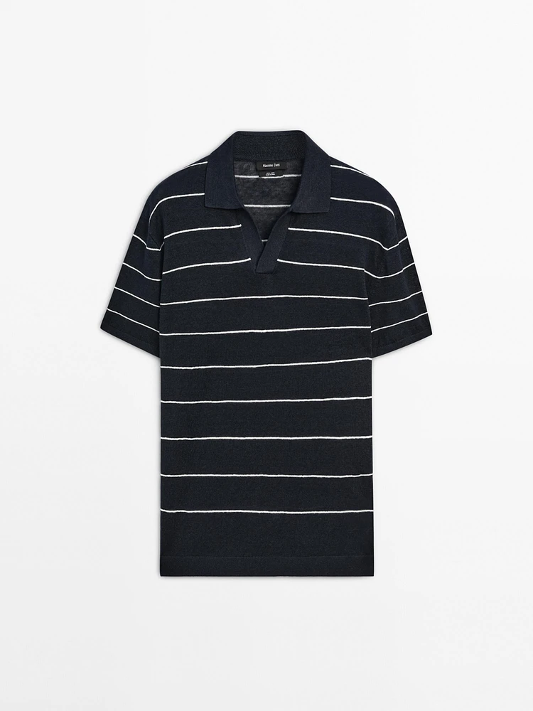 100% linen striped knit polo shirt