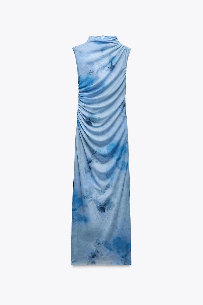 DRAPED PRINTED MIDI DRESS