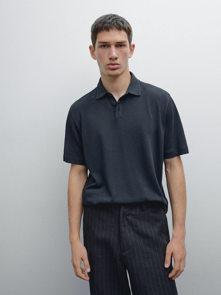 Short sleeve linen blend polo shirt
