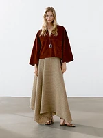 Flounce linen midi skirt with striped detail