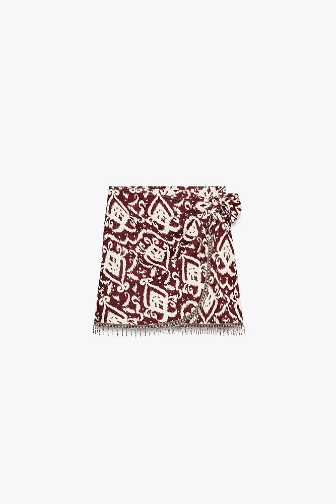 FRINGED BEADED PRINT SKIRT