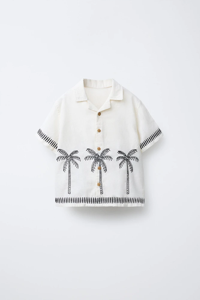 CHEMISE EN COTON ET LIN BRODÉ PALMIERS