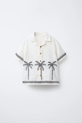 CHEMISE EN COTON ET LIN BRODÉ PALMIERS