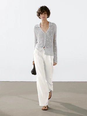 Cardigan en maille ajourée à col polo